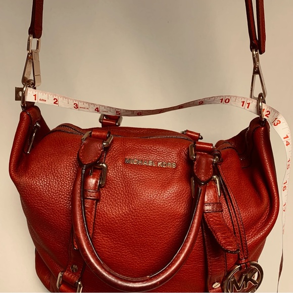 🆕 MICHAEL KORS Red Bedford Pebble Leather Satchel Shoulder Bag Medium Christmas - Picture 8 of 15